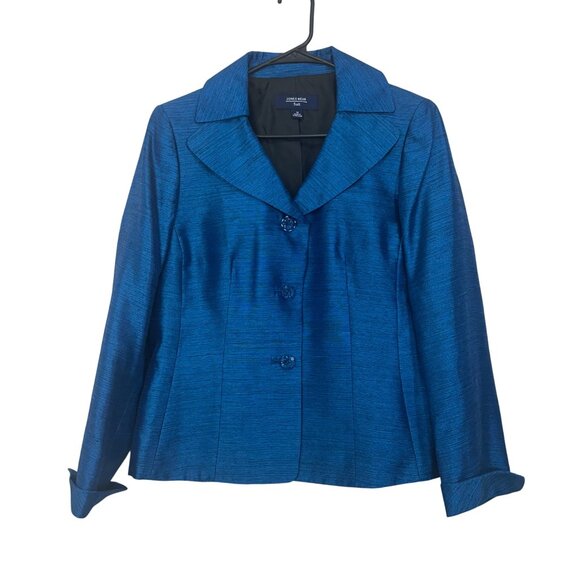 Jones Wear Womens Metallic Royal Blue Button-Front Suit Jacket Size 10 Formal - Picture 1 of 13